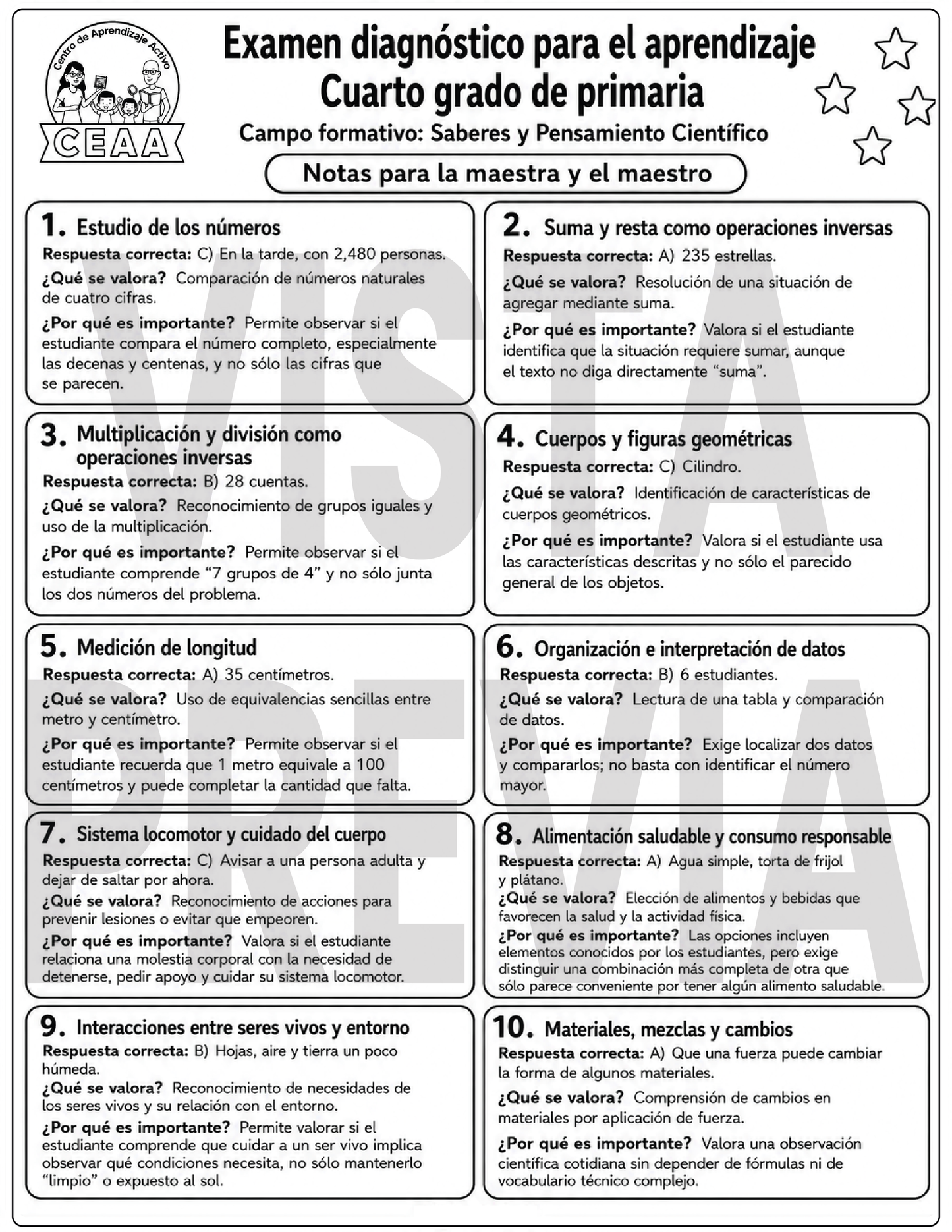 Examen Diagnóstico 4° Grado de Primaria en PDF
