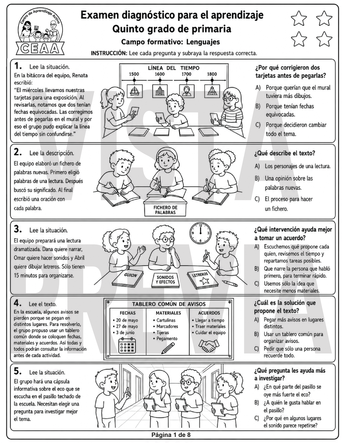 Examen Diagnóstico 5° Grado de Primaria en PDF