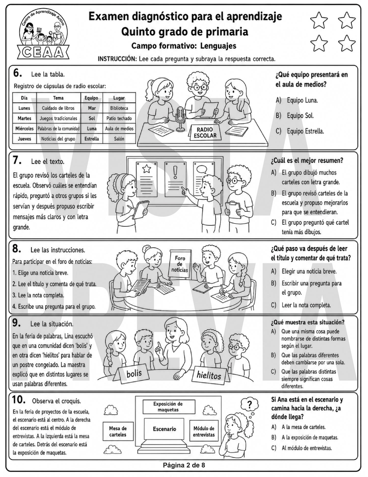 Examen Diagnóstico 5° Grado de Primaria en PDF