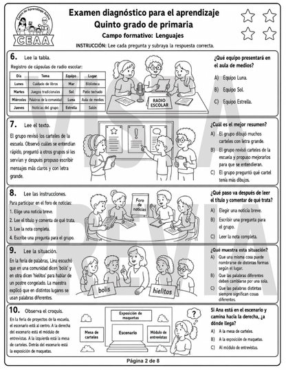 Examen Diagnóstico 5° Grado de Primaria en PDF