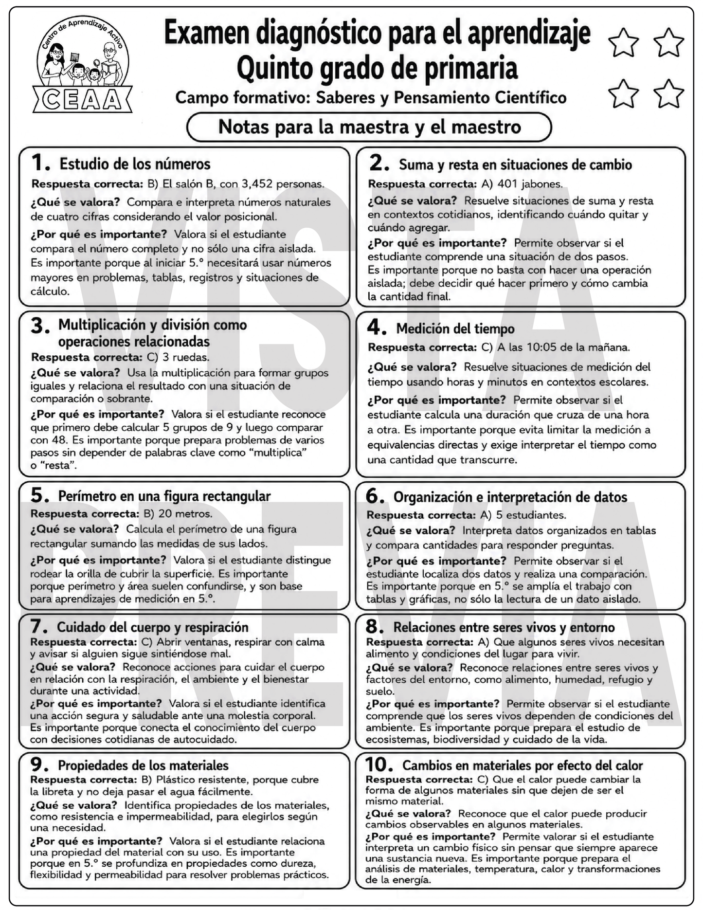 Examen Diagnóstico 5° Grado de Primaria en PDF