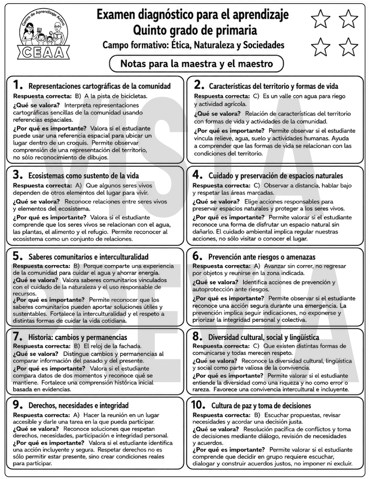 Examen Diagnóstico 5° Grado de Primaria en PDF