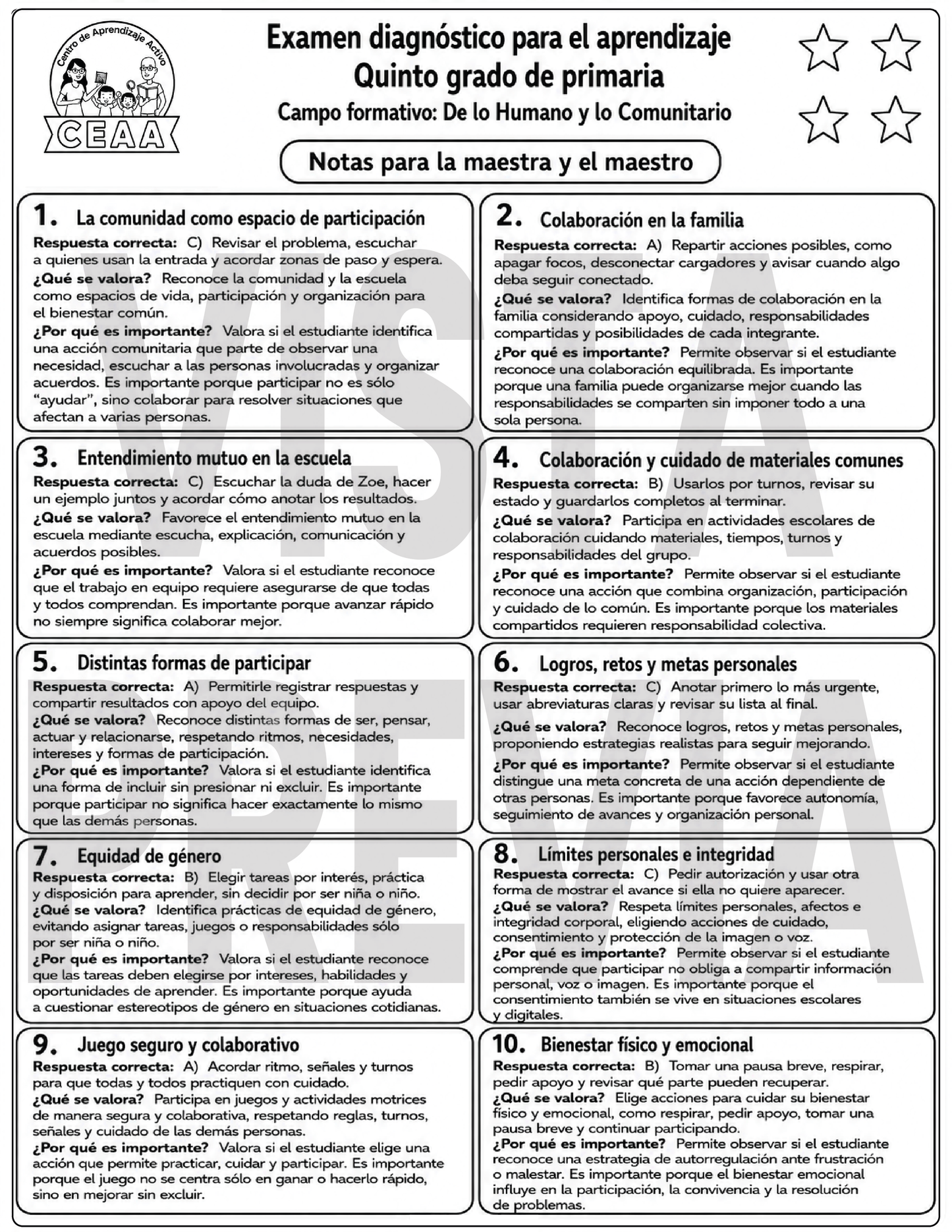Examen Diagnóstico 5° Grado de Primaria en PDF