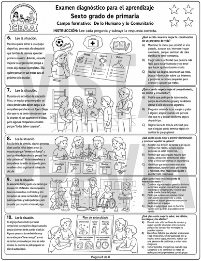 Examen Diagnóstico 6° Grado de Primaria