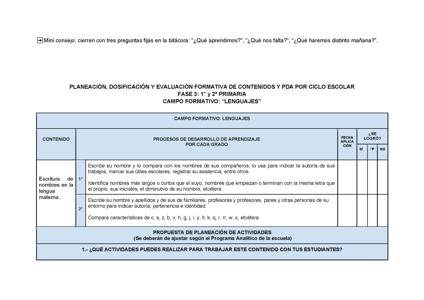 Planeación Fase 3 Primaria 1⁰ y 2⁰ Todos los Contenidos (Editable en Word)