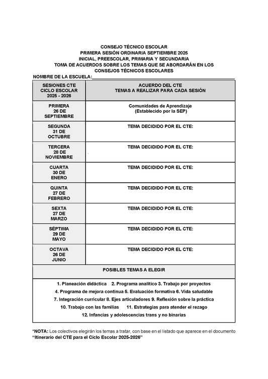 FORMATO TEMAS A TRABAJAR EN LAS SIGUIENTES SESIONES DE CTE CICLO ESCOLAR 2025 - 2026 (Editable en Word)