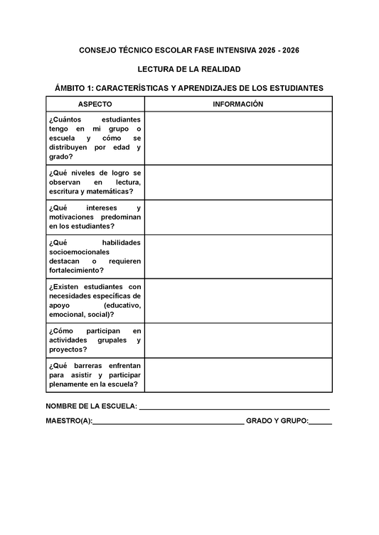 Formato para Realizar la Lectura de la Realidad Escolar Editable FASE INTENSIVA 2025 2026