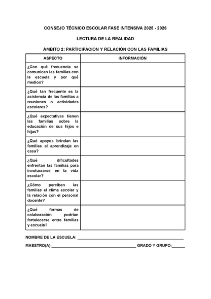 Formato para Realizar la Lectura de la Realidad Escolar Editable FASE INTENSIVA 2025 2026