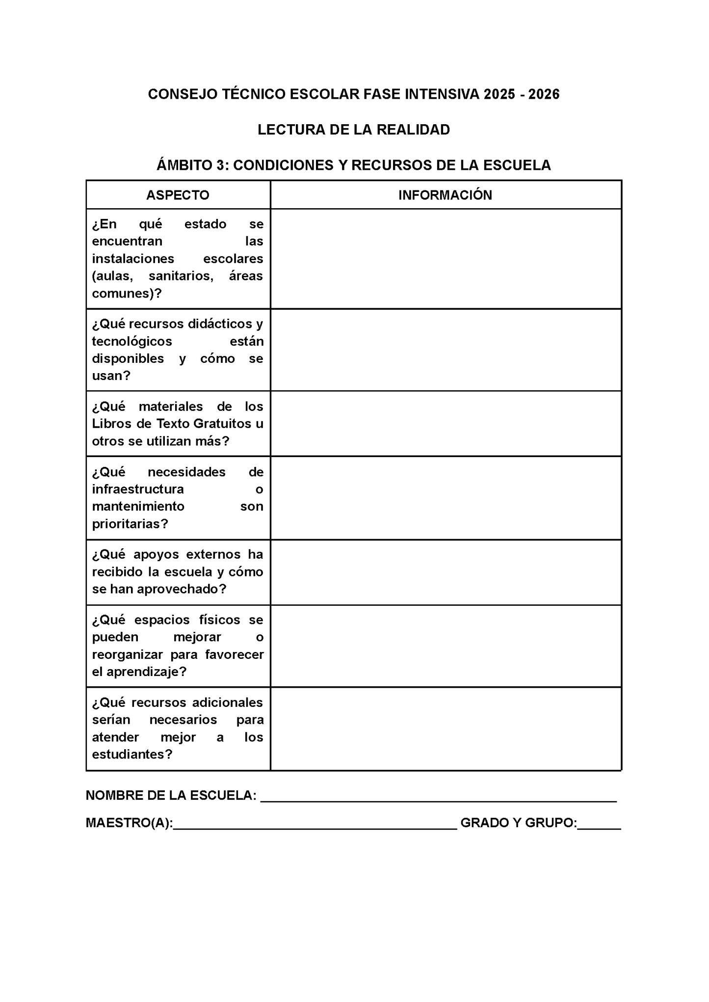 Formato para Realizar la Lectura de la Realidad Escolar Editable FASE INTENSIVA 2025 2026
