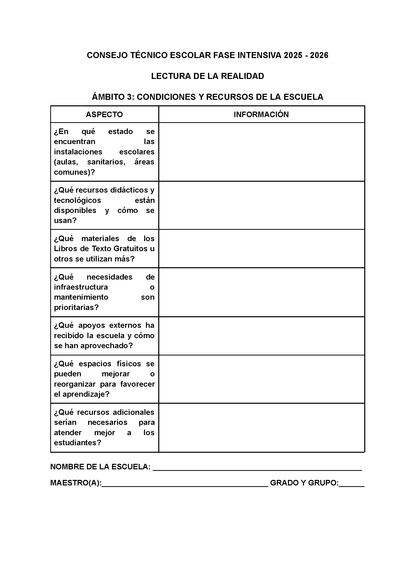 Formato para Realizar la Lectura de la Realidad Escolar Editable FASE INTENSIVA 2025 2026