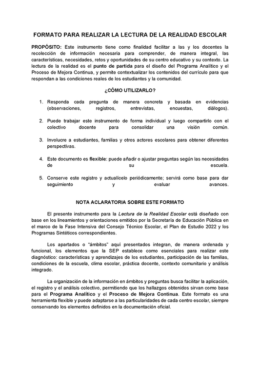 Formato para Realizar la Lectura de la Realidad Escolar para Directores (Editable en Word)