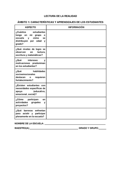 Formato para Realizar la Lectura de la Realidad Escolar para Directores (Editable en Word)