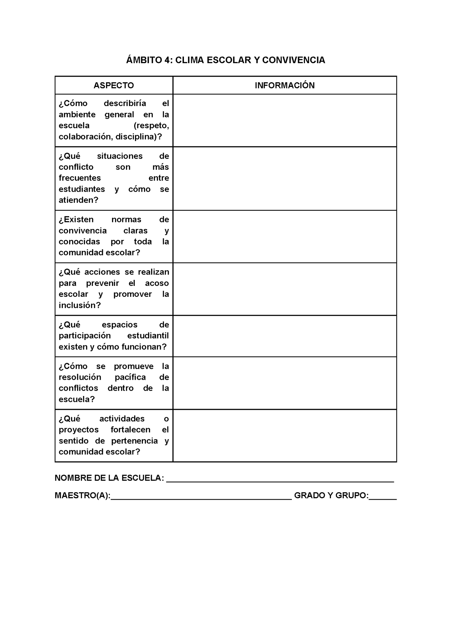 Formato para Realizar la Lectura de la Realidad Escolar para Directores (Editable en Word)