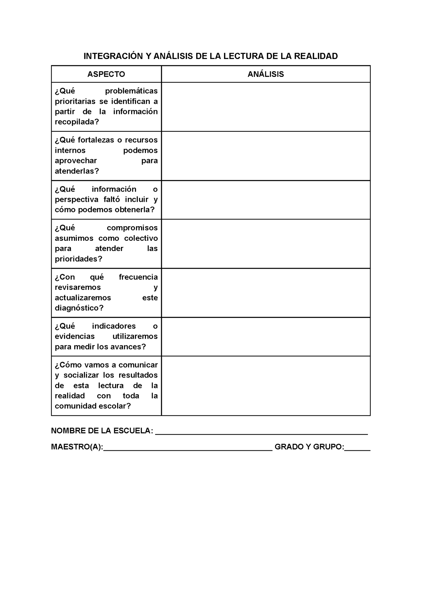 Formato para Realizar la Lectura de la Realidad Escolar para Directores (Editable en Word)