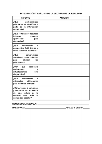 Formato para Realizar la Lectura de la Realidad Escolar para Directores (Editable en Word)