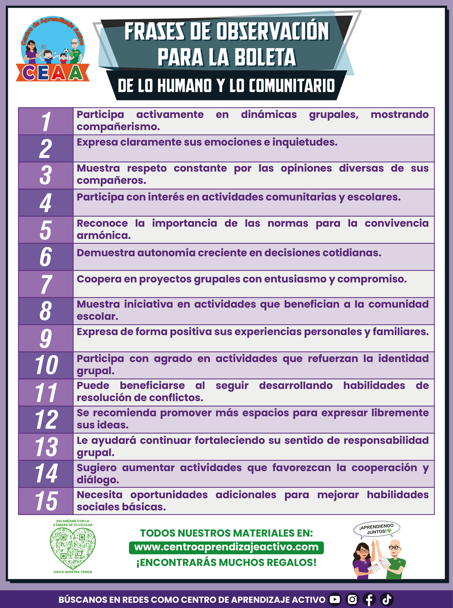 Frases de observación para la boleta - De lo Humano y lo Comunitario