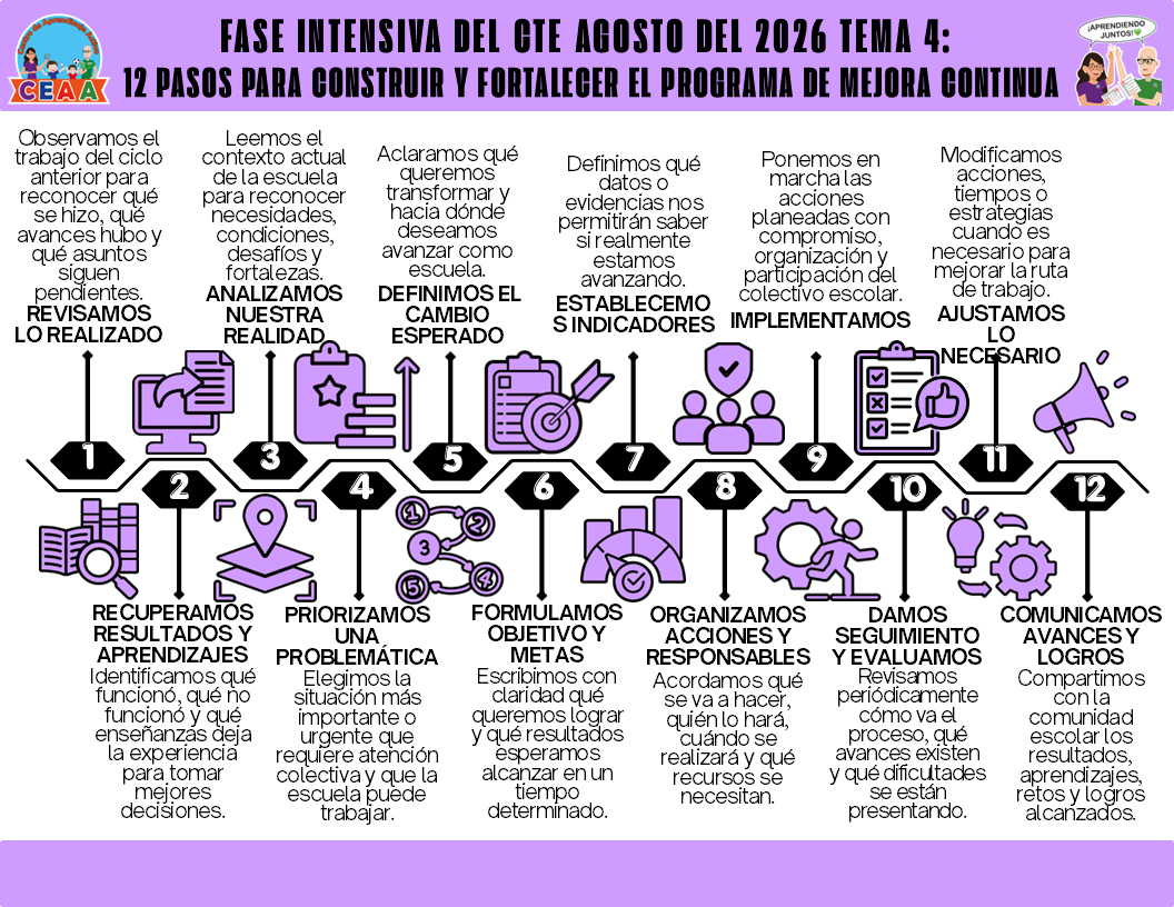 Infografía: 12 PASOS PARA CONSTRUIR Y FORTALECER EL PROGRAMA DE MEJORA CONTINUA Editable en PowerPoint