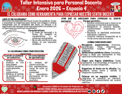 Infografía Taller Intensivo Docentes Sesión 2 Espacio 4 - EL CALIGRAMA COMO HERRAMIENTA PARA EXPRESAR NUESTRO SENTIR DOCENTE (Editable en PowerPoint)