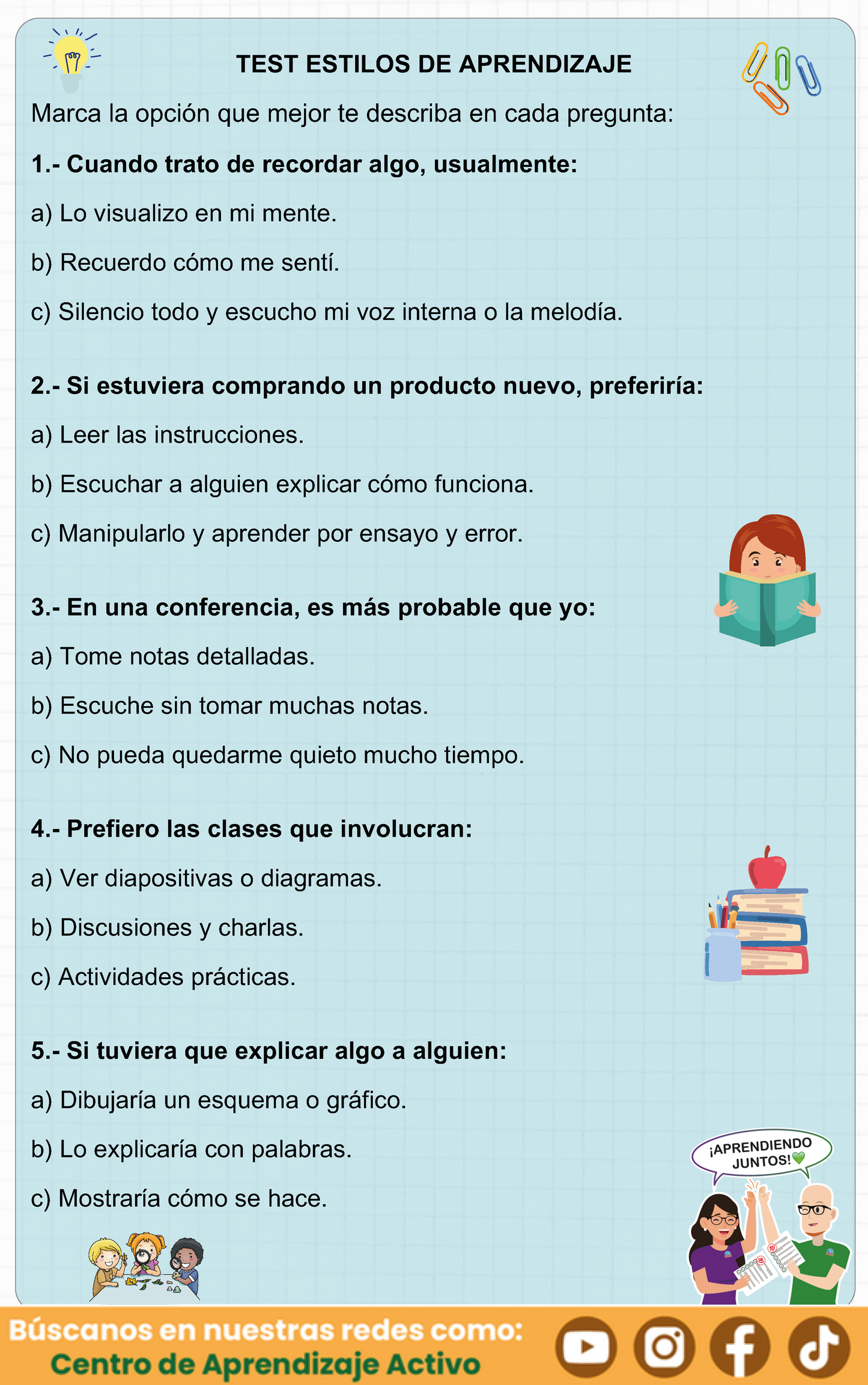 TEST ¿CUÁL ES TU ESTILO DE APRENDIZAJE? - Consejos según tu estilo para aprender fácil y rápido en PDF