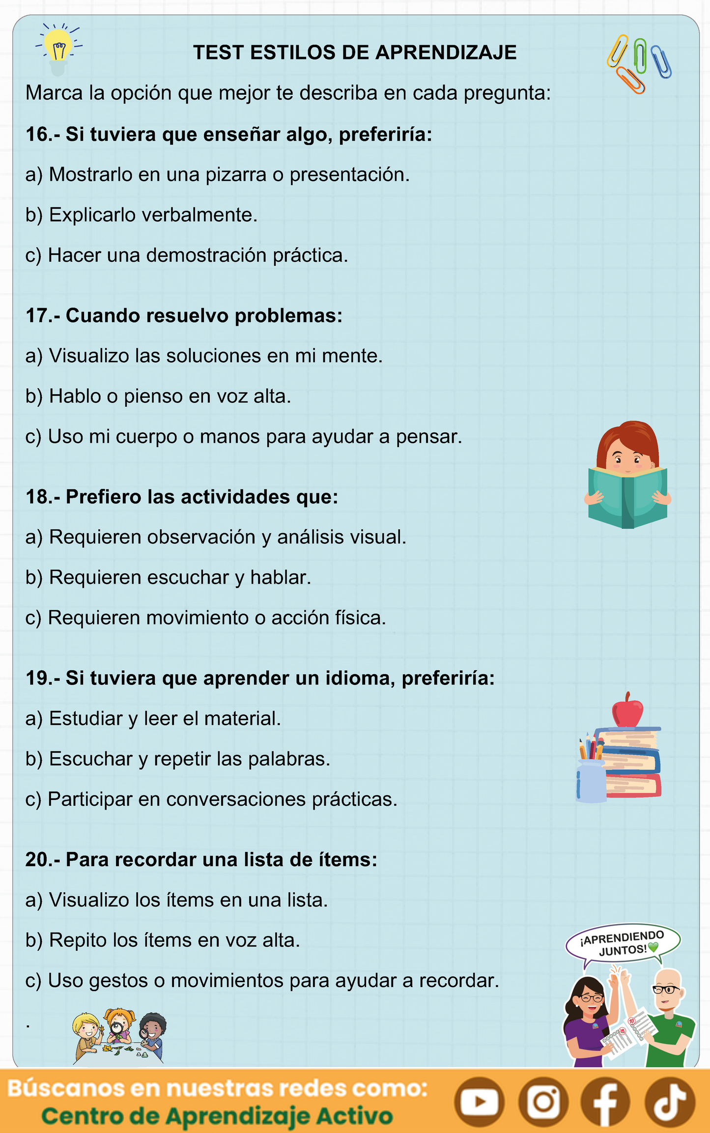 TEST ¿CUÁL ES TU ESTILO DE APRENDIZAJE? - Consejos según tu estilo para aprender fácil y rápido en PDF