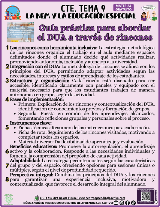 Infografía CTE Tema 9: Guía práctica para abordar el DUA a través de rincones