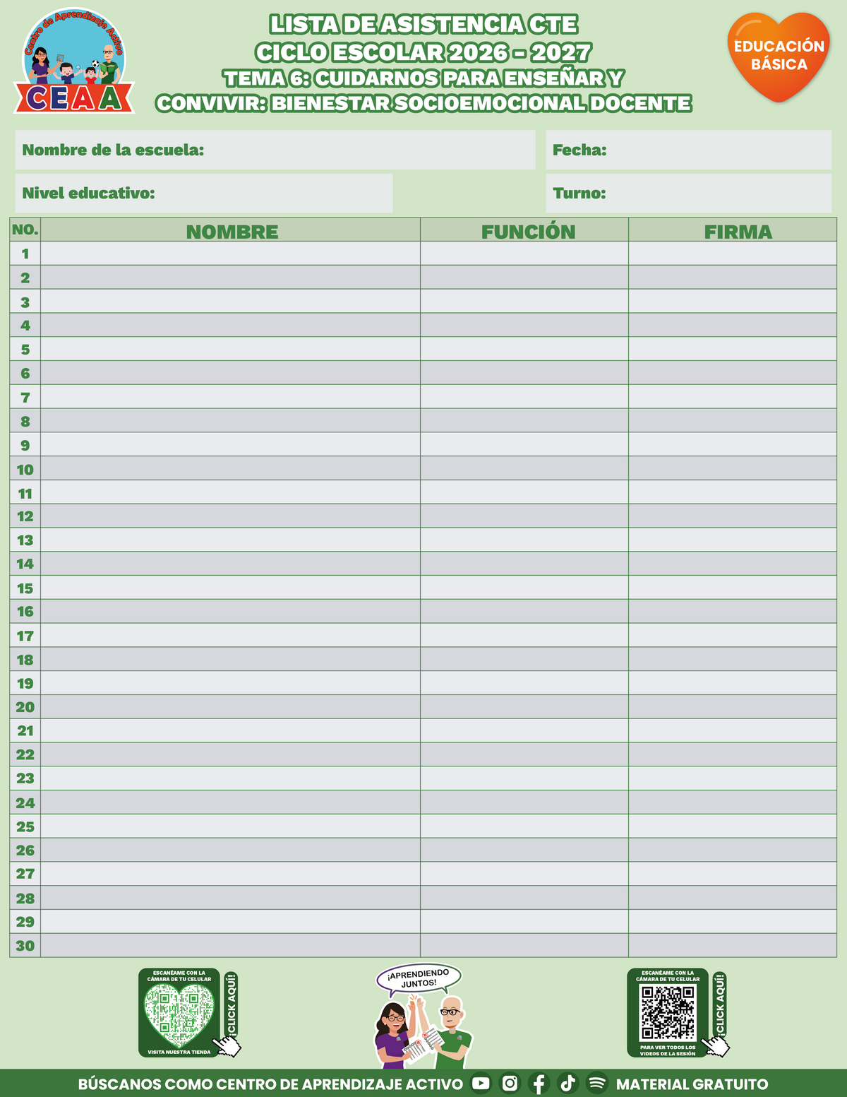 Lista de Asistencia CTE Educación Básica TEMA 6: CUIDARNOS PARA ENSEÑAR Y CONVIVIR: BIENESTAR SOCIOEMOCIONAL DOCENTE en PDF
