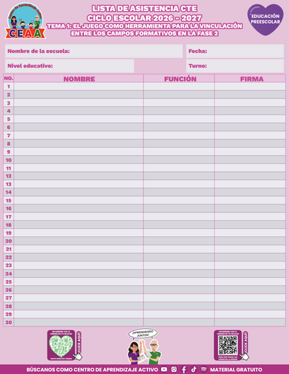 Lista de Asistencia CTE Educación Preescolar TEMA 1: EL JUEGO COMO HERRAMIENTA PARA LA VINCULACIÓN ENTRE LOS CAMPOS FORMATIVOS EN LA FASE 2 en PDF