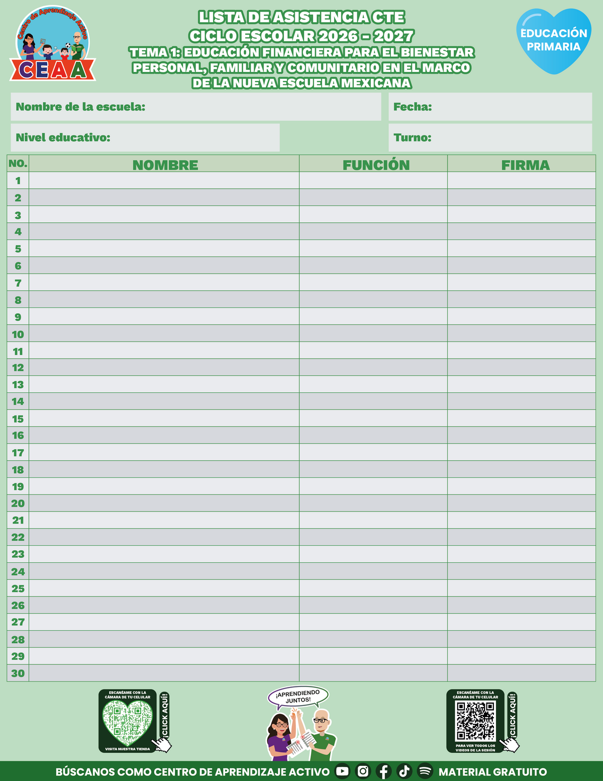 Lista de Asistencia CTE Educación Primaria TEMA 1: EDUCACIÓN FINANCIERA PARA EL BIENESTAR PERSONAL, FAMILIAR Y COMUNITARIO EN EL MARCO DE LA NUEVA ESCUELA MEXICANA en PDF