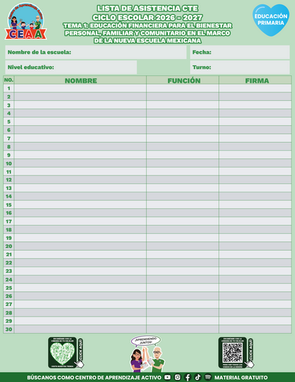 Lista de Asistencia CTE Educación Primaria TEMA 1: EDUCACIÓN FINANCIERA PARA EL BIENESTAR PERSONAL, FAMILIAR Y COMUNITARIO EN EL MARCO DE LA NUEVA ESCUELA MEXICANA en PDF