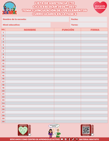 Lista de Asistencia CTE Educación Secundaria TEMA 1: VINCULACIÓN DE LOS ELEMENTOS CURRICULARES EN LA FASE 6 en PDF