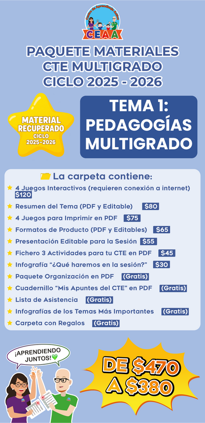 Paquete Completo Materiales CTE Multigrado Tema 1: PEDAGOGÍAS MULTIGRADO (⭐ Material recuperado 25/26)