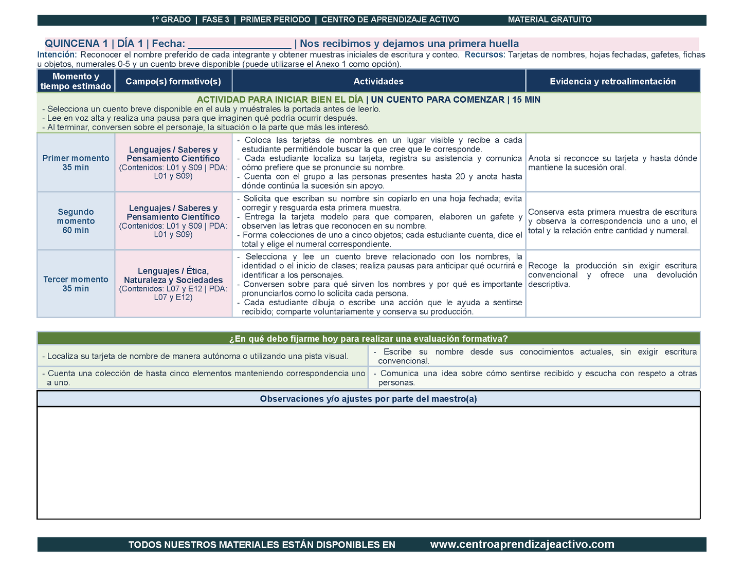 PLANEACIÓN 1° Primaria Primer Periodo (Sep, Oct, Nov) en PDF