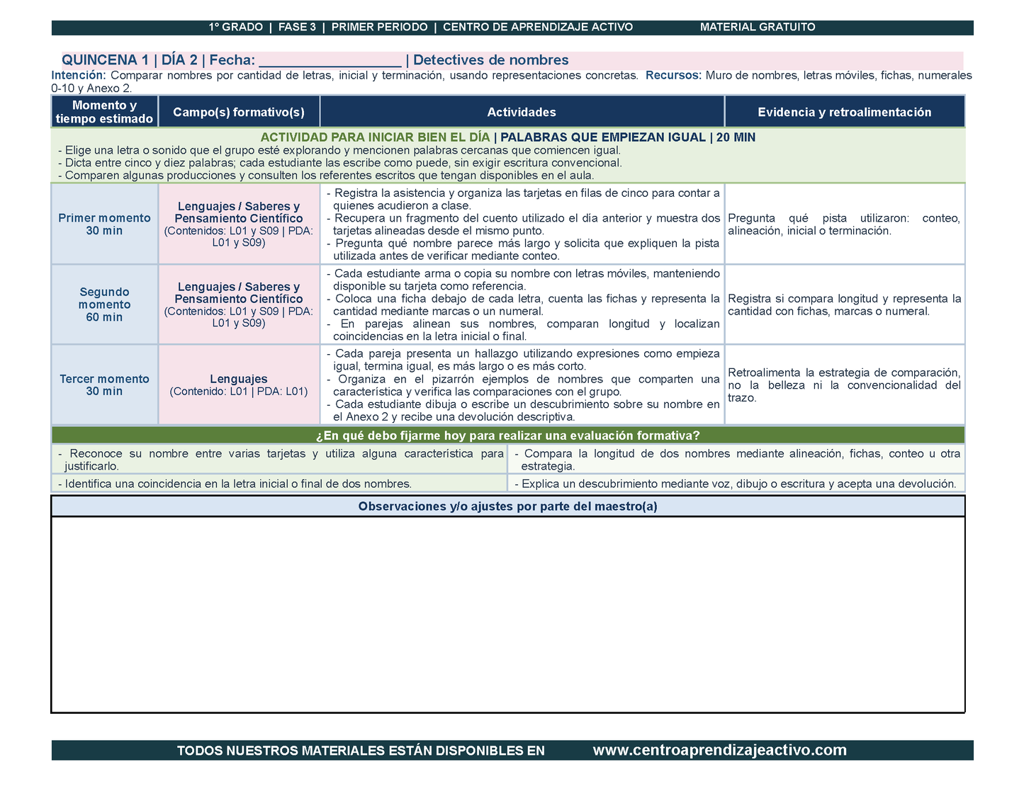 PLANEACIÓN 1° Primaria Primer Periodo (Sep, Oct, Nov) en PDF