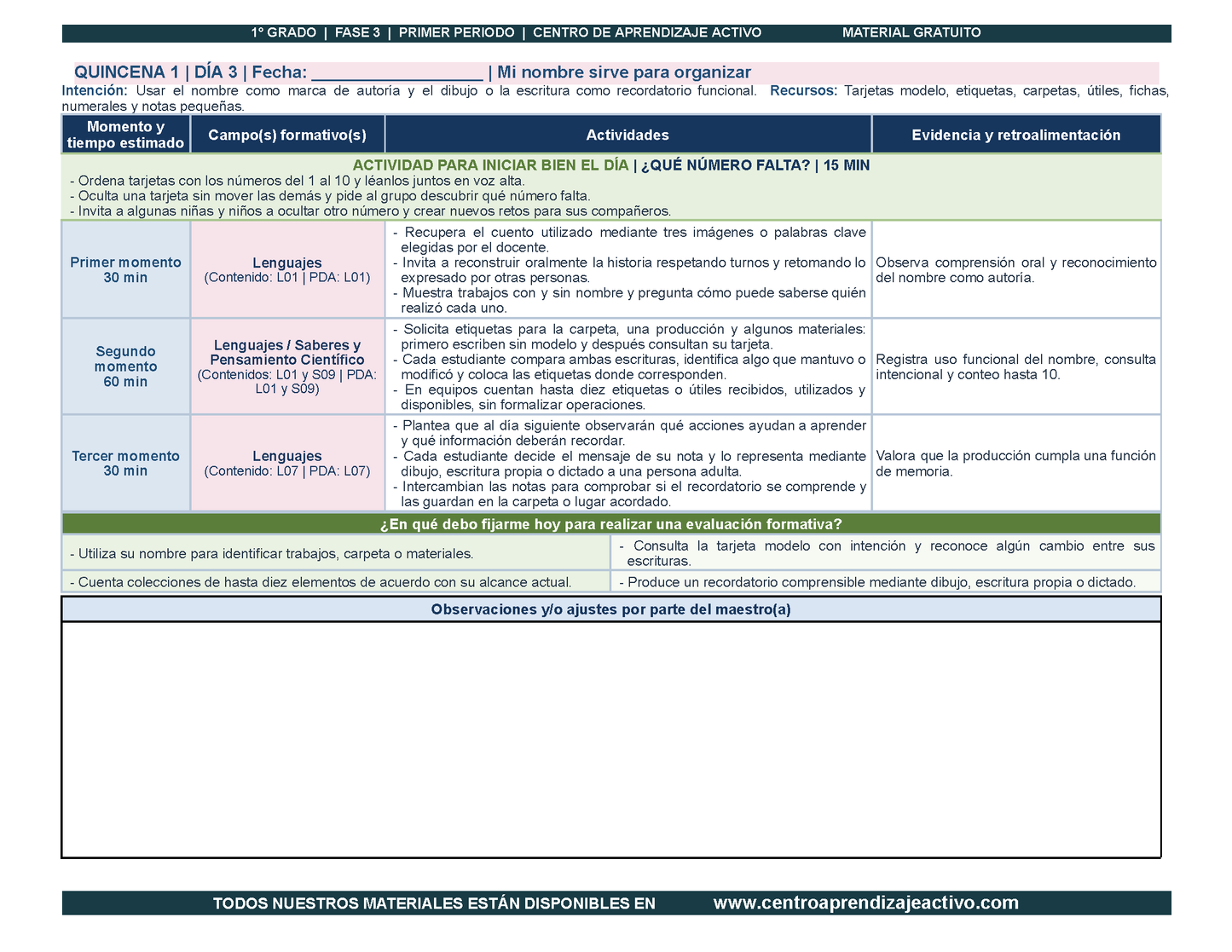 PLANEACIÓN 1° Primaria Primer Periodo (Sep, Oct, Nov) en PDF