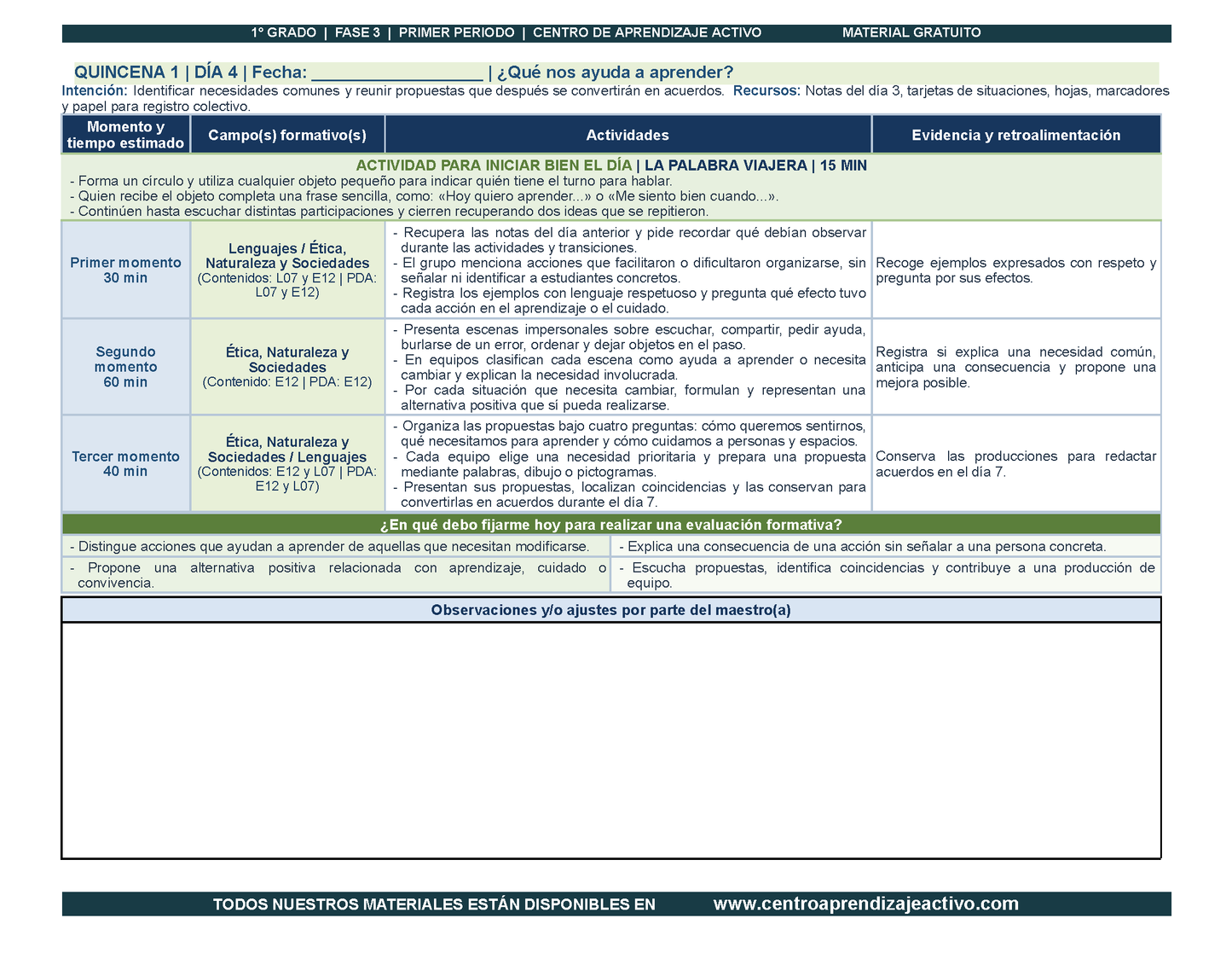 PLANEACIÓN 1° Primaria Primer Periodo (Sep, Oct, Nov) en PDF