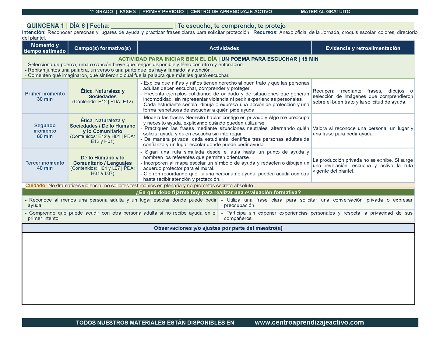 PLANEACIÓN 1° Primaria Primer Periodo (Sep, Oct, Nov) en PDF