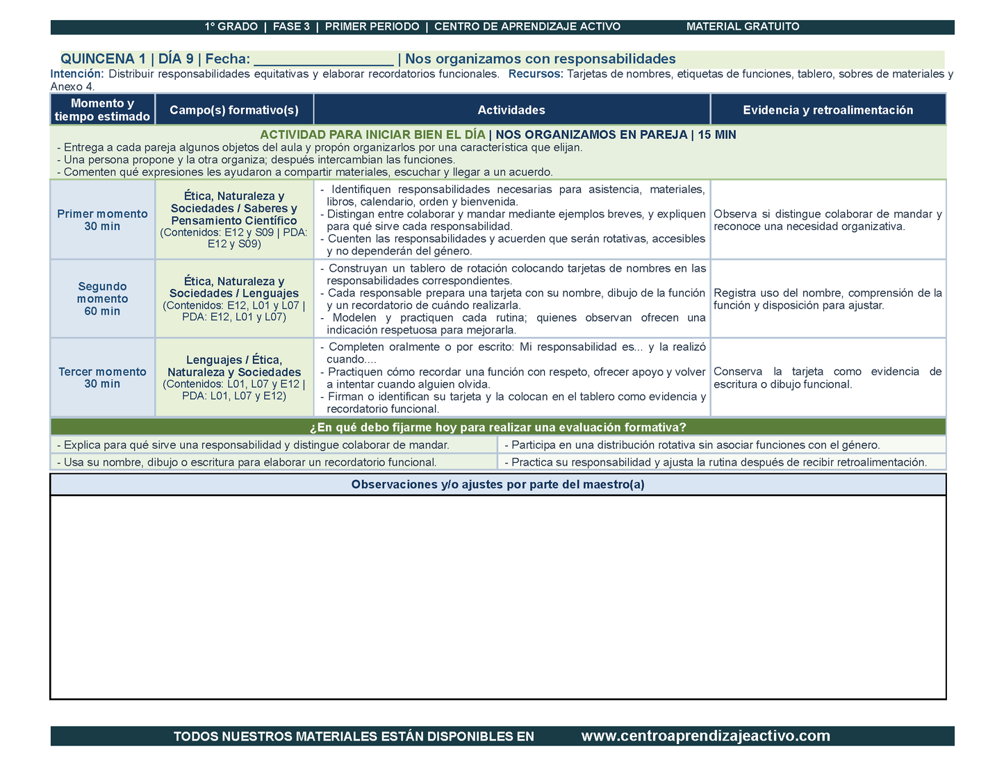 PLANEACIÓN 1° Primaria Primer Periodo (Sep, Oct, Nov) en PDF
