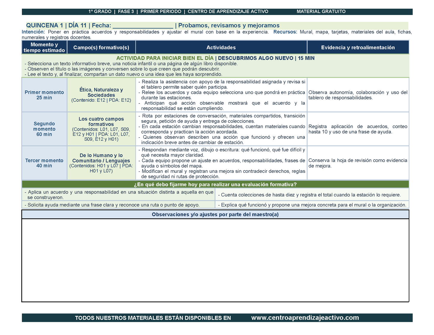 PLANEACIÓN 1° Primaria Primer Periodo (Sep, Oct, Nov) en PDF