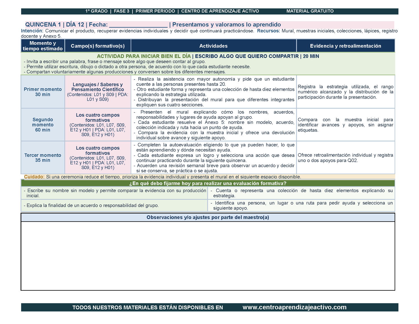 PLANEACIÓN 1° Primaria Primer Periodo (Sep, Oct, Nov) en PDF