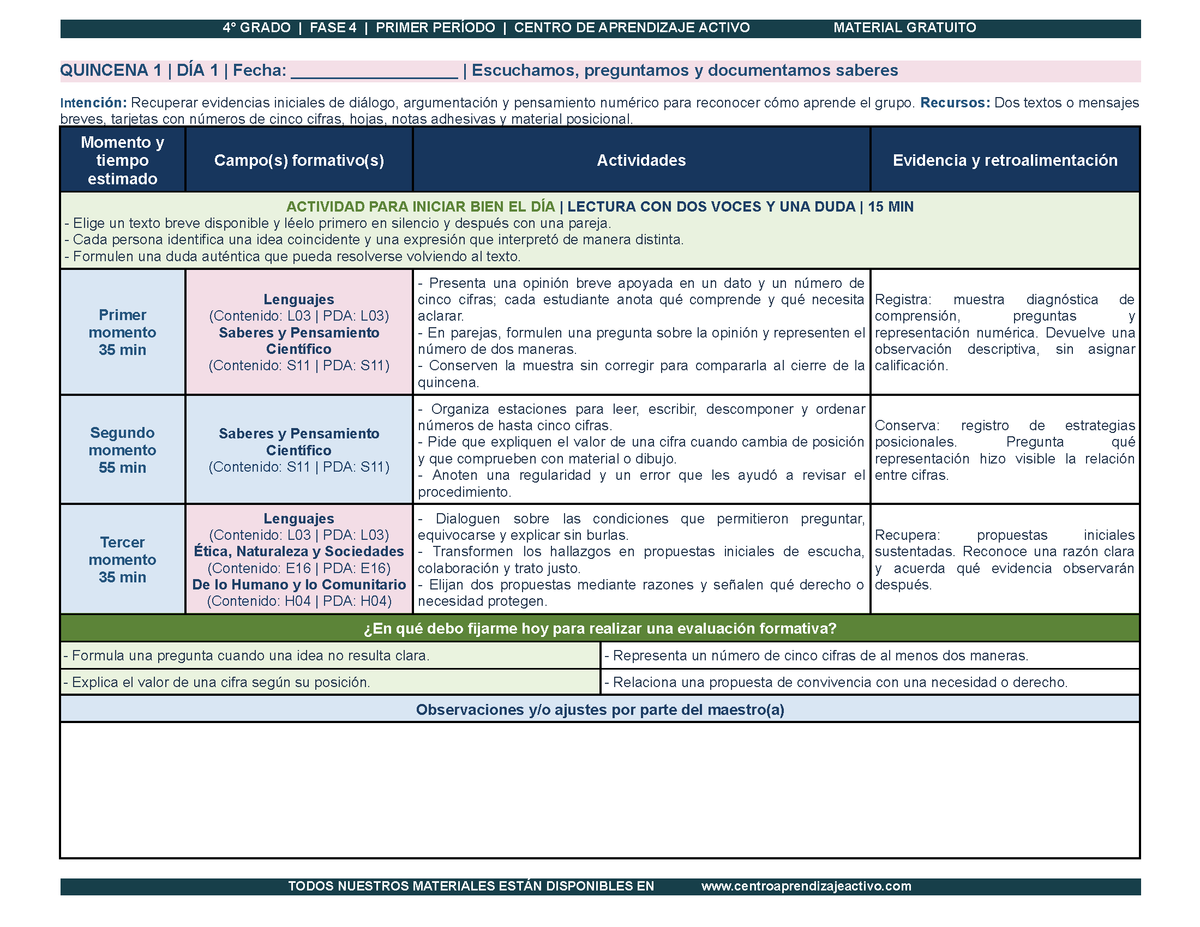 PLANEACIÓN 4° Primaria Primer Periodo (Sep, Oct, Nov) en 🎁PDF