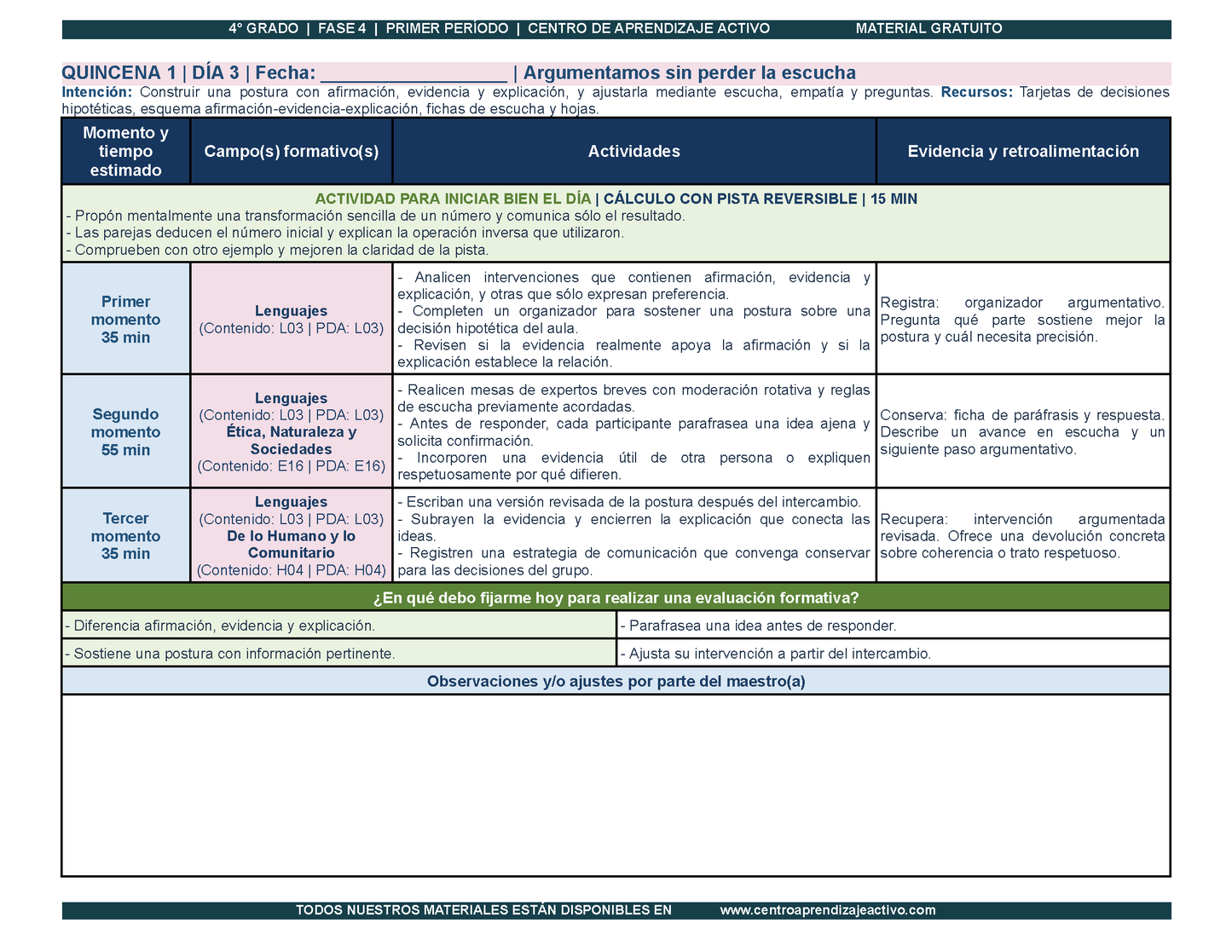 PLANEACIÓN 4° Primaria Primer Periodo (Sep, Oct, Nov) en 🎁PDF