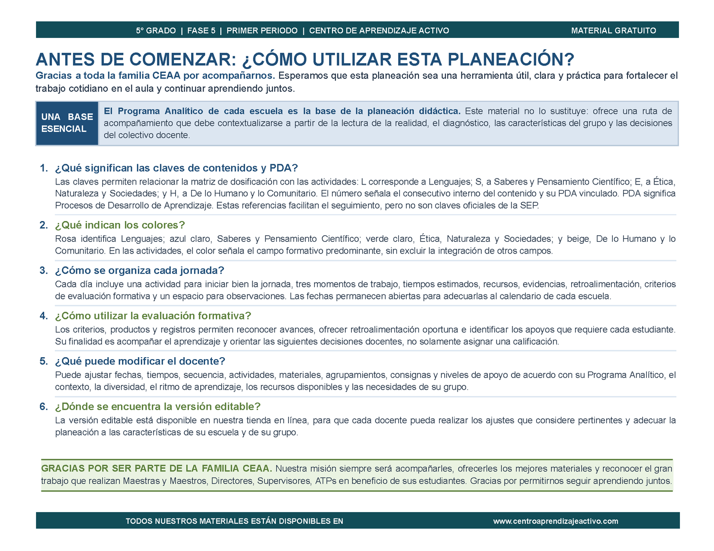 PLANEACIÓN 5° Primaria Primer Periodo (Sep, Oct, Nov) en 🎁PDF