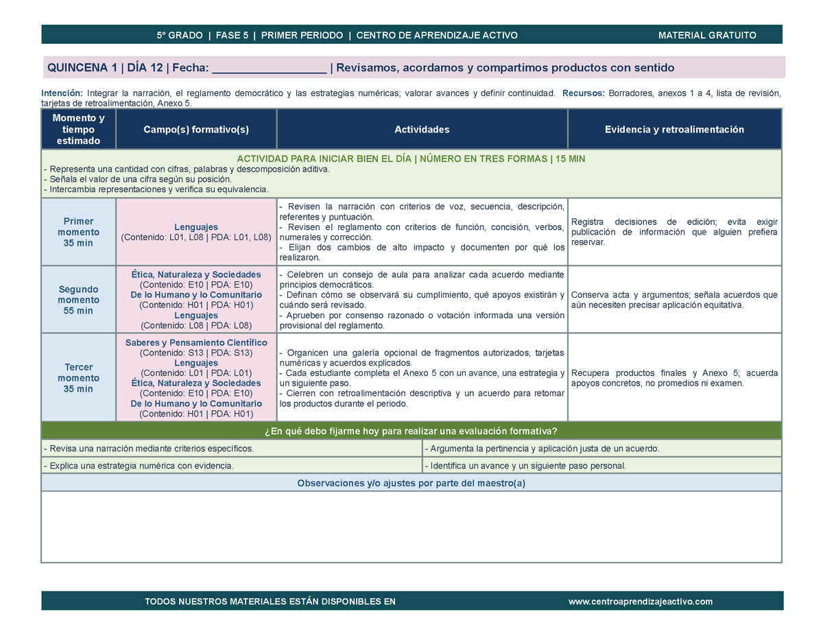 PLANEACIÓN 5° Primaria Primer Periodo (Sep, Oct, Nov) en 🎁PDF