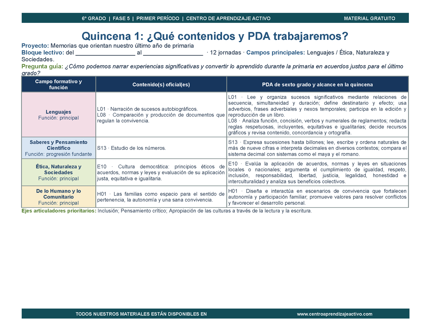PLANEACIÓN 6° Primaria Primer Periodo (Sep, Oct, Nov) en 🎁PDF