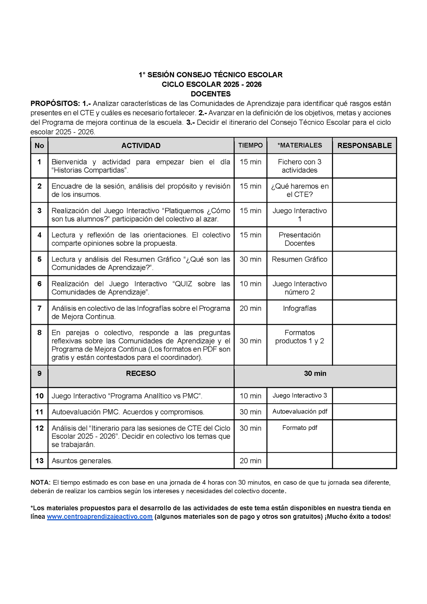 PROPUESTA Orden del día 1° Sesión CTE Maestros (Editable en Word)
