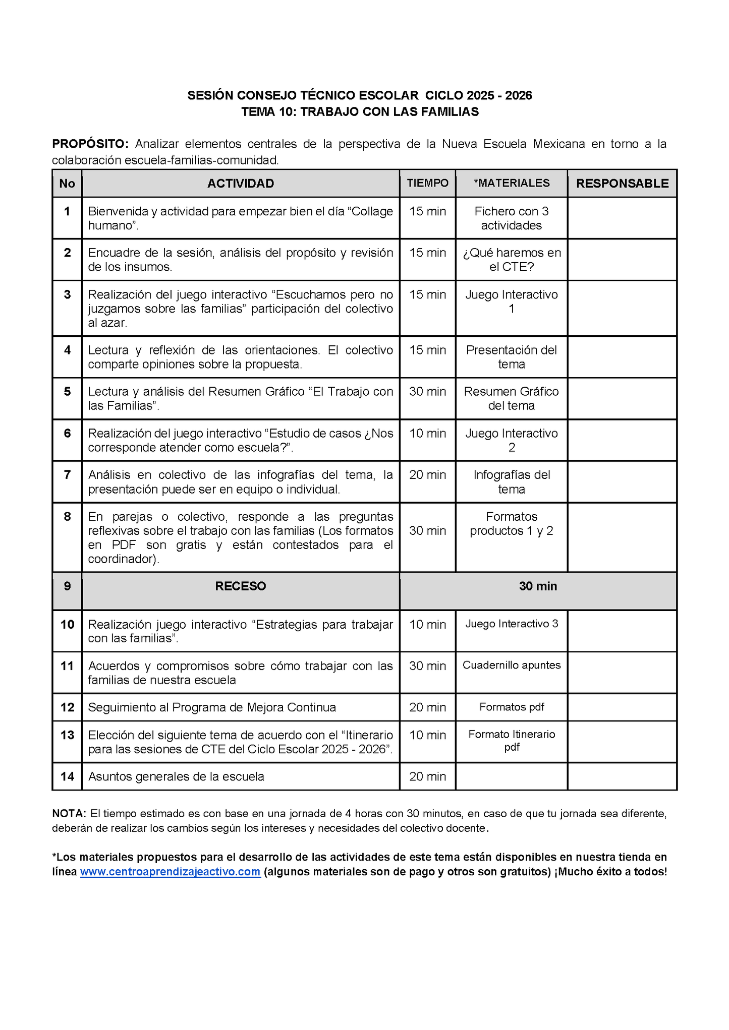 Propuesta Orden del Día Tema 10: TRABAJO CON LAS FAMILIAS (Editable en Word)
