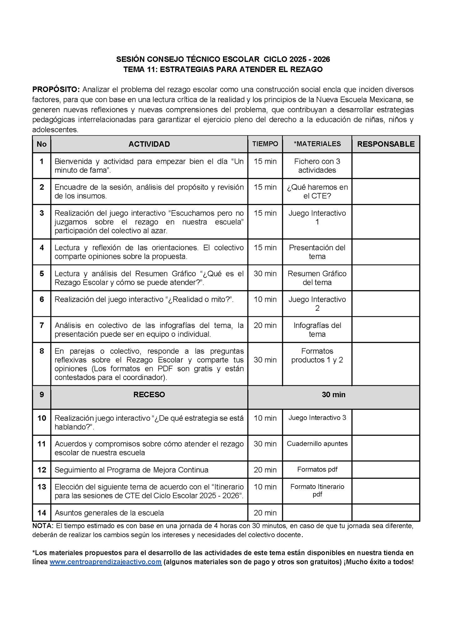 Propuesta Orden del Día Tema 11: ESTRATEGIAS PARA ATENDER EL REZAGO (Editable en Word)