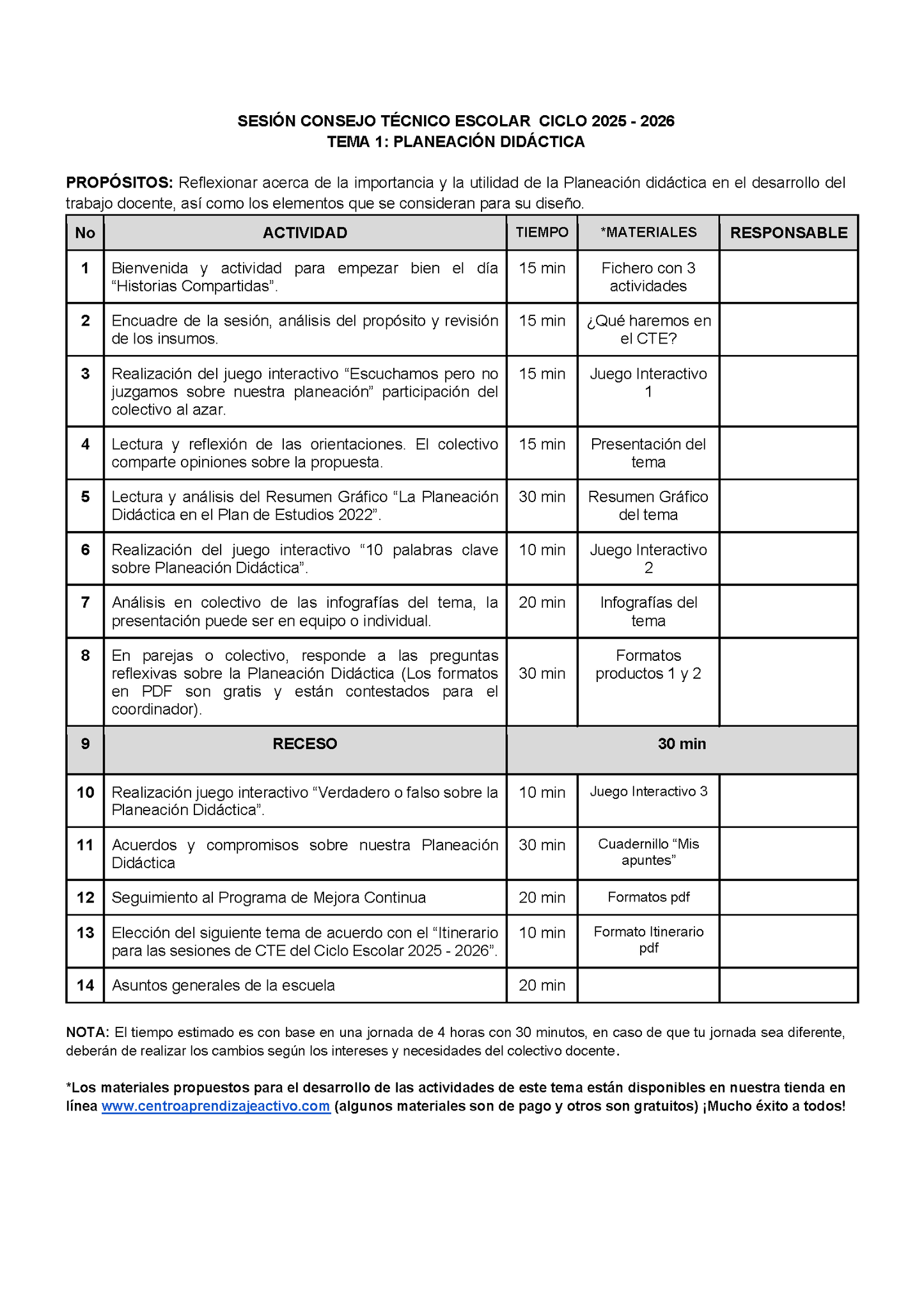 Propuesta Orden del Día Tema 1: PLANEACIÓN DIDÁCTICA (Editable en Word)
