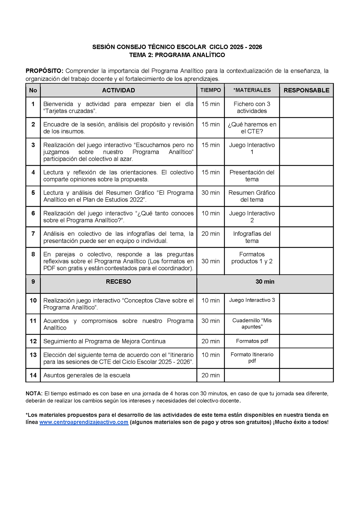 Propuesta Orden del Día Tema 2: PROGRAMA ANALÍTICO (Editable en Word)