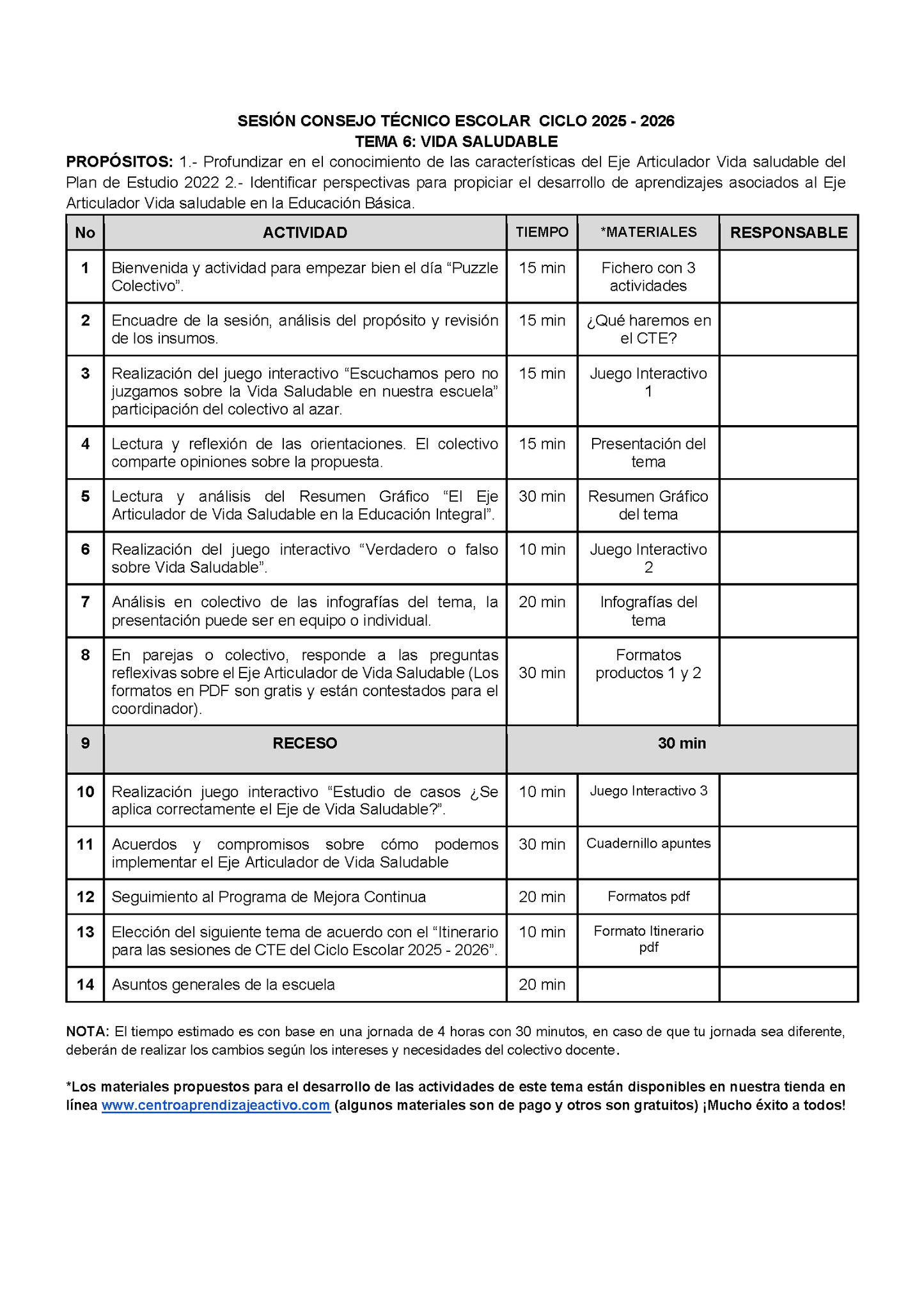 Propuesta Orden del Día Tema 6: VIDA SALUDABLE (Editable en Word)